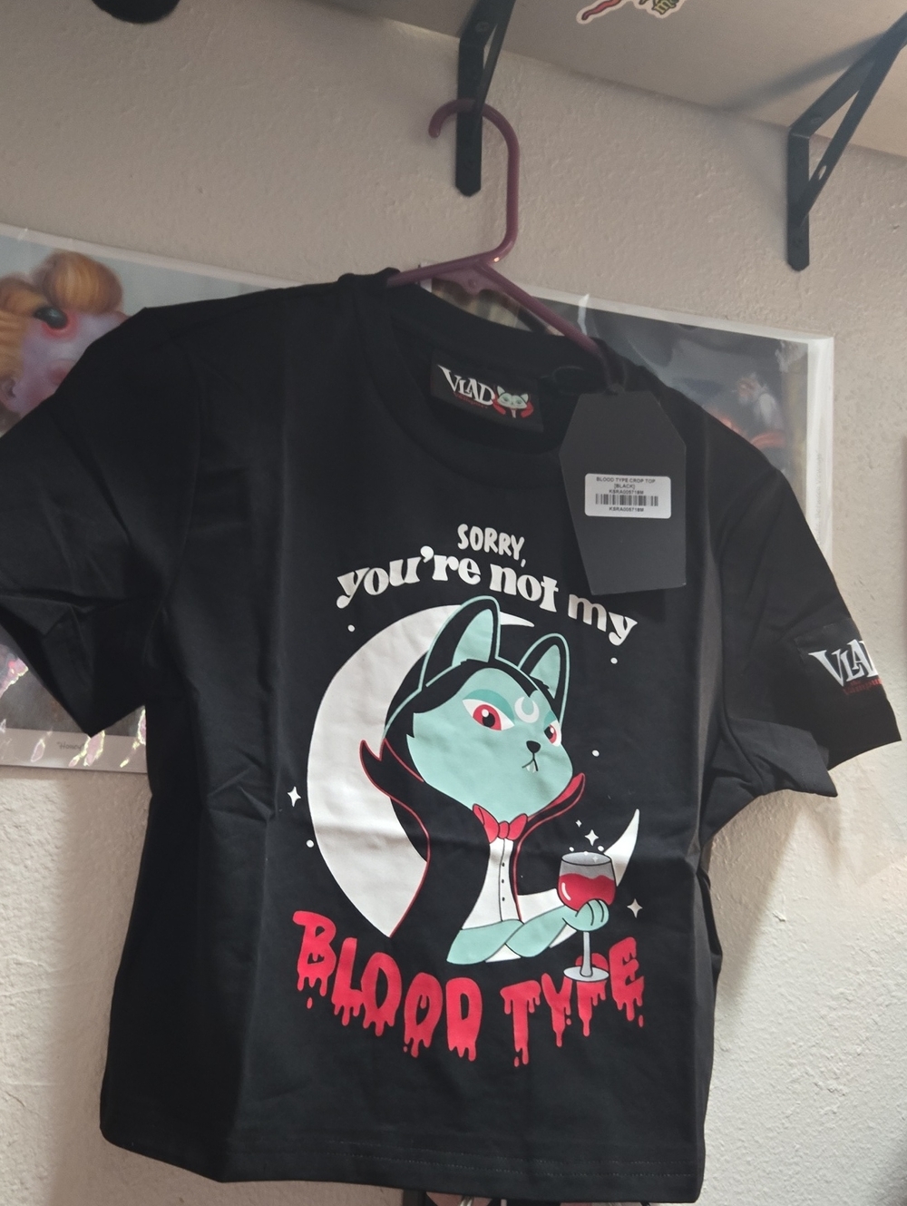 Killstar Black Tee with Mint-Green Vampire Cat Graphic and Red Accents